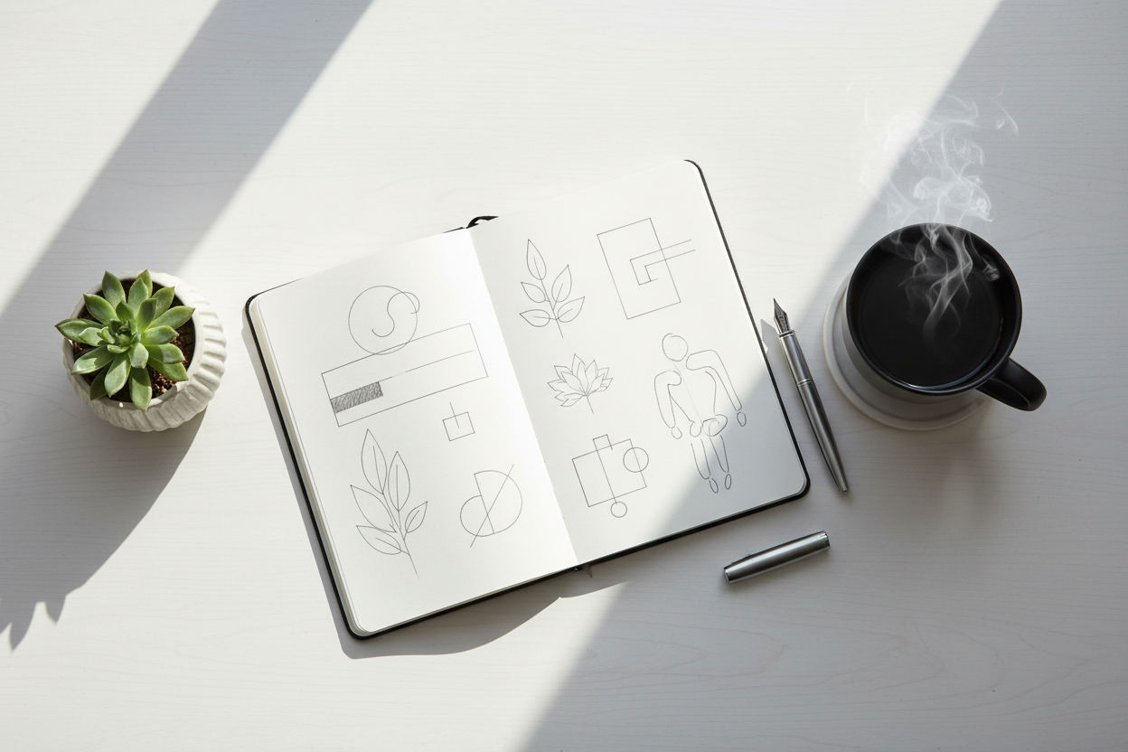 A top-down flat lay of a clean, minimalist white wooden desk. The scene includes an open notebook with neat sketches, a small succulent in a ceramic pot, and a cup of steaming black coffee. Natural sunlight casts soft, long shadows across the surface. No electronics or gadgets. 8k resolution, professional photography, high-end lifestyle aesthetic.